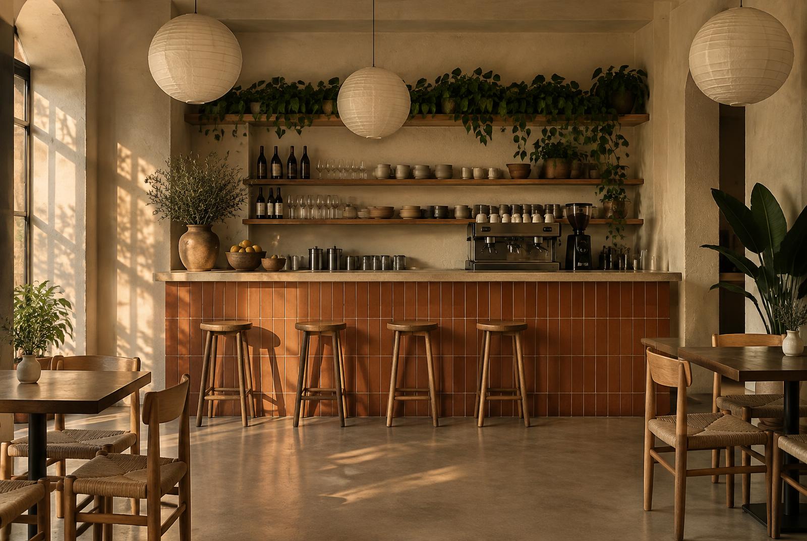 Bar s terakotovým obkladem, papírová světla, rostliny nad pultem